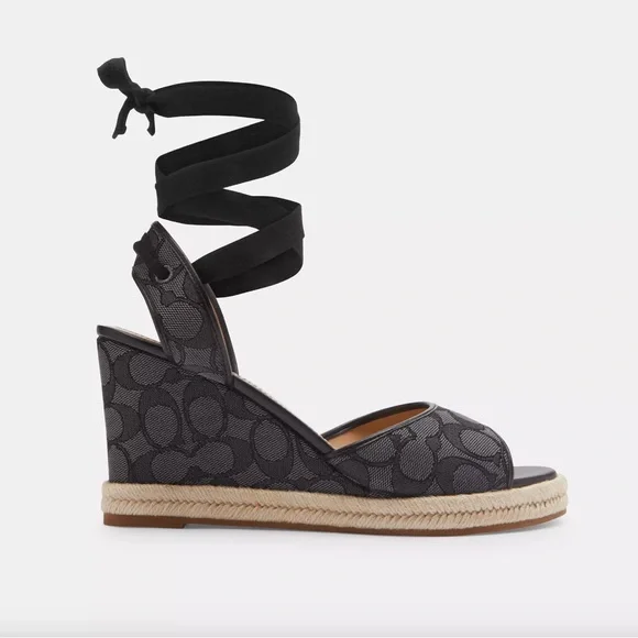 7.5B Coach Black Wedge Sandals Patrice Sig Espdrill Black/Smoke/Coal Box incl’d - Picture 12 of 14